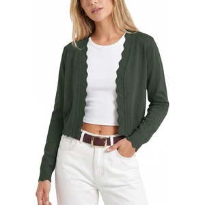 image:imageGRECERELLE Womens Lightweight Cropped Cardigan Sweater Scalloped TrimArmy Green