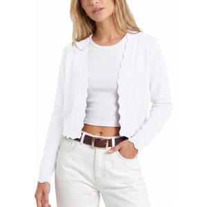 image:imageGRECERELLE Womens Lightweight Cropped Cardigan Sweater Scalloped TrimAwhite