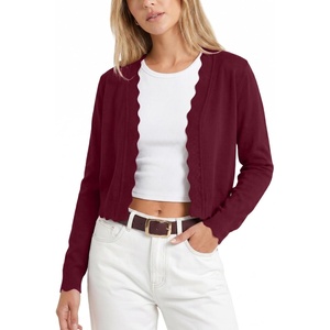 image:imageGRECERELLE Womens Lightweight Cropped Cardigan Sweater Scalloped TrimBurgundy