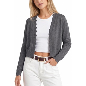 image:imageGRECERELLE Womens Lightweight Cropped Cardigan Sweater Scalloped TrimCharcoal