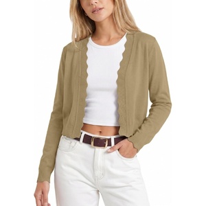 image:imageGRECERELLE Womens Lightweight Cropped Cardigan Sweater Scalloped TrimKhaki