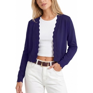 image:imageGRECERELLE Womens Lightweight Cropped Cardigan Sweater Scalloped TrimNavy Blue