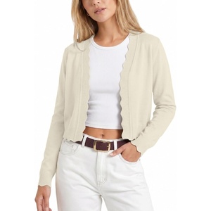 image:imageGRECERELLE Womens Lightweight Cropped Cardigan Sweater Scalloped TrimOatmeal