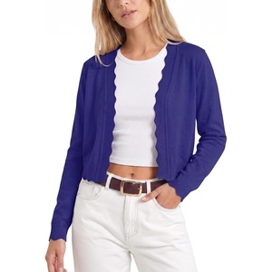 image:imageGRECERELLE Womens Lightweight Cropped Cardigan Sweater Scalloped TrimRoyal Blue