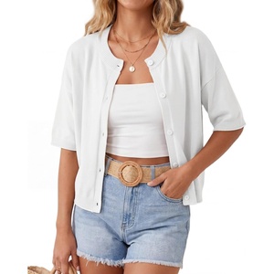image:imageGRECERELLE Womens Lightweight Short Sleeve Cardigan Sweater Button Down Cropped Knit Top Casual Soft Summer Layering Shrug for Office Travel Vacation White