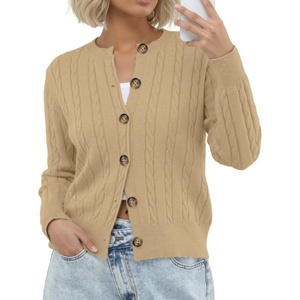 image:imageGRECERELLE Womens Long Sleeve Cable Knit Button Down Crew Neck Casual Cardigan Sweater S2XLKhaki