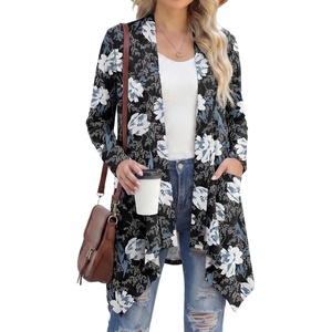 image:imageGRECERELLE Womens Long Sleeve Lightweight Cardigan Casual Open Front Draped Asymmetric Hem Cardigans with PocketsBlack White Lily