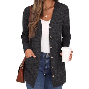 image:imageGRECERELLE Womens Long Sleeve Open Front Cardigan Button Down Ribbed Lightweight Knit Outerwear with Pocket02 Dark Gray
