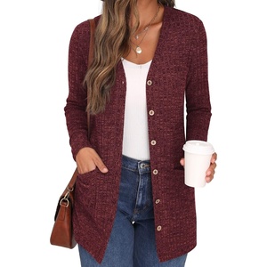 image:imageGRECERELLE Womens Long Sleeve Open Front Cardigan Button Down Ribbed Lightweight Knit Outerwear with Pocket03 Wine Red
