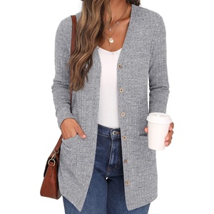 image:imageGRECERELLE Womens Long Sleeve Open Front Cardigan Button Down Ribbed Lightweight Knit Outerwear with Pocket04 Gary