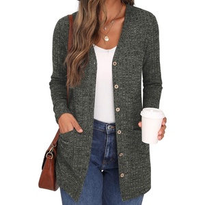 image:imageGRECERELLE Womens Long Sleeve Open Front Cardigan Button Down Ribbed Lightweight Knit Outerwear with Pocket05 Army Green