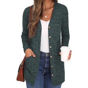 image:imageGRECERELLE Womens Long Sleeve Open Front Cardigan Button Down Ribbed Lightweight Knit Outerwear with Pocket07 Dark Green
