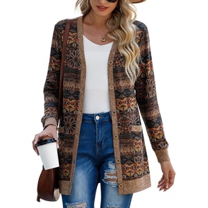 image:imageGRECERELLE Womens Long Sleeve Open Front Cardigan Button Down Ribbed Lightweight Knit Outerwear with PocketAround Flower Brown