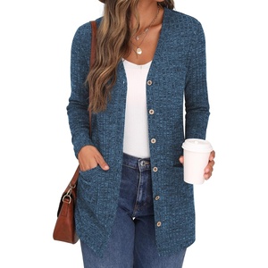 image:imageGRECERELLE Womens Long Sleeve Open Front Cardigan Button Down Ribbed Lightweight Knit Outerwear with PocketBlue