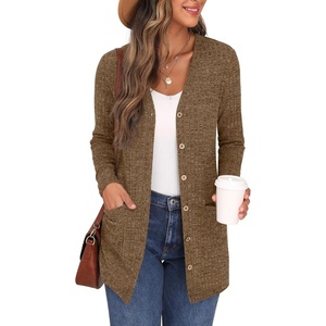 image:imageGRECERELLE Womens Long Sleeve Open Front Cardigan Button Down Ribbed Lightweight Knit Outerwear with PocketCaramel