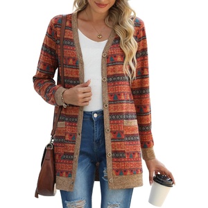 image:imageGRECERELLE Womens Long Sleeve Open Front Cardigan Button Down Ribbed Lightweight Knit Outerwear with PocketChristmas Tree Red