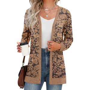 image:imageGRECERELLE Womens Long Sleeve Open Front Cardigan Button Down Ribbed Lightweight Knit Outerwear with PocketCosmos Khaki