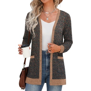 image:imageGRECERELLE Womens Long Sleeve Open Front Cardigan Button Down Ribbed Lightweight Knit Outerwear with PocketFlower Navy