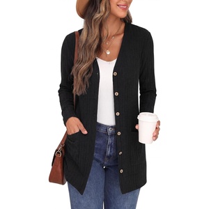 image:imageGRECERELLE Womens Long Sleeve Open Front Cardigan Button Down Ribbed Lightweight Knit Outerwear with PocketLight Black