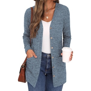 image:imageGRECERELLE Womens Long Sleeve Open Front Cardigan Button Down Ribbed Lightweight Knit Outerwear with PocketLight Blue