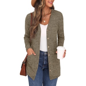 image:imageGRECERELLE Womens Long Sleeve Open Front Cardigan Button Down Ribbed Lightweight Knit Outerwear with PocketLight Brown