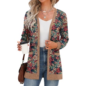 image:imageGRECERELLE Womens Long Sleeve Open Front Cardigan Button Down Ribbed Lightweight Knit Outerwear with PocketNavy Blue Daffodil