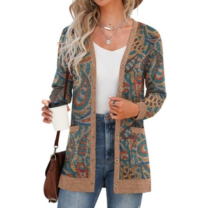 image:imageGRECERELLE Womens Long Sleeve Open Front Cardigan Button Down Ribbed Lightweight Knit Outerwear with PocketPaisley Blue
