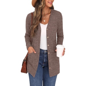 image:imageGRECERELLE Womens Long Sleeve Open Front Cardigan Button Down Ribbed Lightweight Knit Outerwear with PocketPink