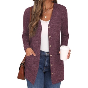 image:imageGRECERELLE Womens Long Sleeve Open Front Cardigan Button Down Ribbed Lightweight Knit Outerwear with PocketRose Red