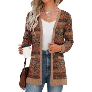 image:imageGRECERELLE Womens Long Sleeve Open Front Cardigan Button Down Ribbed Lightweight Knit Outerwear with PocketRound Flower Orange