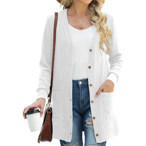 image:imageGRECERELLE Womens Long Sleeve Open Front Cardigan Button Down Ribbed Lightweight Knit Outerwear with PocketWhite