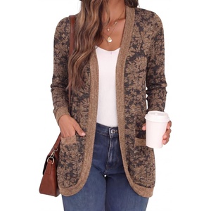 image:imageGRECERELLE Womens Long Sleeve Open Front Cardigan Casual VNeck Curved Hem Ribbed Knit Sweater Outerwear with PocketsCosmos Khaki