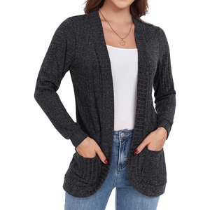 image:imageGRECERELLE Womens Long Sleeve Open Front Cardigan Casual VNeck Curved Hem Ribbed Knit Sweater Outerwear with PocketsDark Gray