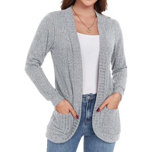image:imageGRECERELLE Womens Long Sleeve Open Front Cardigan Casual VNeck Curved Hem Ribbed Knit Sweater Outerwear with PocketsGray