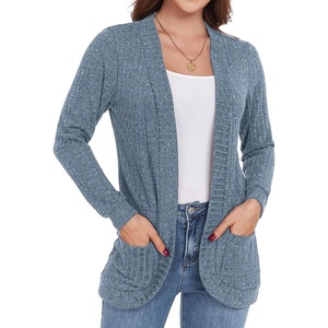 image:imageGRECERELLE Womens Long Sleeve Open Front Cardigan Casual VNeck Curved Hem Ribbed Knit Sweater Outerwear with PocketsLight Blue