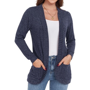 image:imageGRECERELLE Womens Long Sleeve Open Front Cardigan Casual VNeck Curved Hem Ribbed Knit Sweater Outerwear with PocketsNavy Blue
