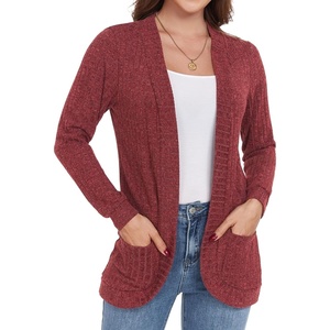 image:imageGRECERELLE Womens Long Sleeve Open Front Cardigan Casual VNeck Curved Hem Ribbed Knit Sweater Outerwear with PocketsRed