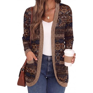 image:imageGRECERELLE Womens Long Sleeve Open Front Cardigan Casual VNeck Curved Hem Ribbed Knit Sweater Outerwear with PocketsRound Flower Brown