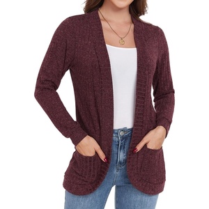 image:imageGRECERELLE Womens Long Sleeve Open Front Cardigan Casual VNeck Curved Hem Ribbed Knit Sweater Outerwear with PocketsWine Red