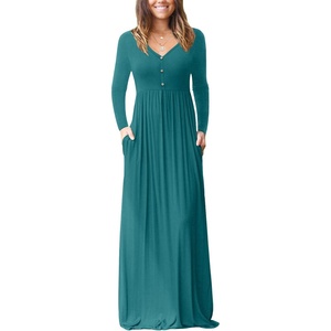 image:imageGRECERELLE Womens Long Sleeve V Neck Casual Button Maxi Dress 2025 with PocketsAcid Blue