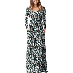 image:imageGRECERELLE Womens Long Sleeve V Neck Casual Button Maxi Dress 2025 with PocketsBlack Flowers White