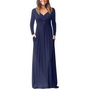 image:imageGRECERELLE Womens Long Sleeve V Neck Casual Button Maxi Dress 2025 with PocketsNavy Blue