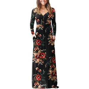 image:imageGRECERELLE Womens Long Sleeve V Neck Casual Button Maxi Dress 2025 with PocketsRed Brown Black