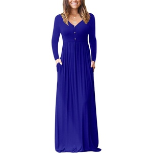 image:imageGRECERELLE Womens Long Sleeve V Neck Casual Button Maxi Dress 2025 with PocketsRoyal Blue