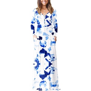 image:imageGRECERELLE Womens Long Sleeve V Neck Casual Button Maxi Dress 2025 with PocketsWhite Ink Blue