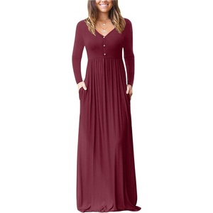 image:imageGRECERELLE Womens Long Sleeve V Neck Casual Button Maxi Dress 2025 with PocketsWine Red