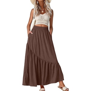 image:imageGRECERELLE Womens Maxi Skirt High Waist Tiered ALine with PocketsBrown
