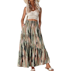 image:imageGRECERELLE Womens Maxi Skirt High Waist Tiered ALine with PocketsCamou Green Pink