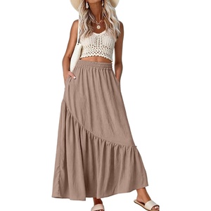 image:imageGRECERELLE Womens Maxi Skirt High Waist Tiered ALine with PocketsCoffee Gray