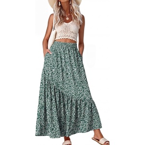 image:imageGRECERELLE Womens Maxi Skirt High Waist Tiered ALine with PocketsGreen White Flower